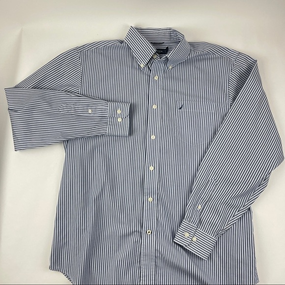 Nautica Mens Button Up Shirt Blue Striped Large - Picture 4 of 8